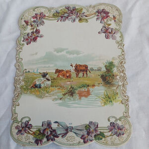 Victorian Die Cut Embossed Greeting Card Cows Stream